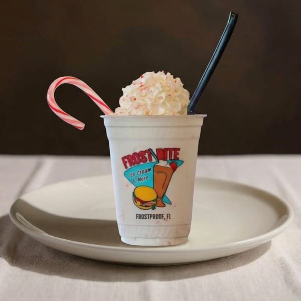 A Frostbite Ice Cream & More milkshake with whipped cream, a candy cane, and a black straw.