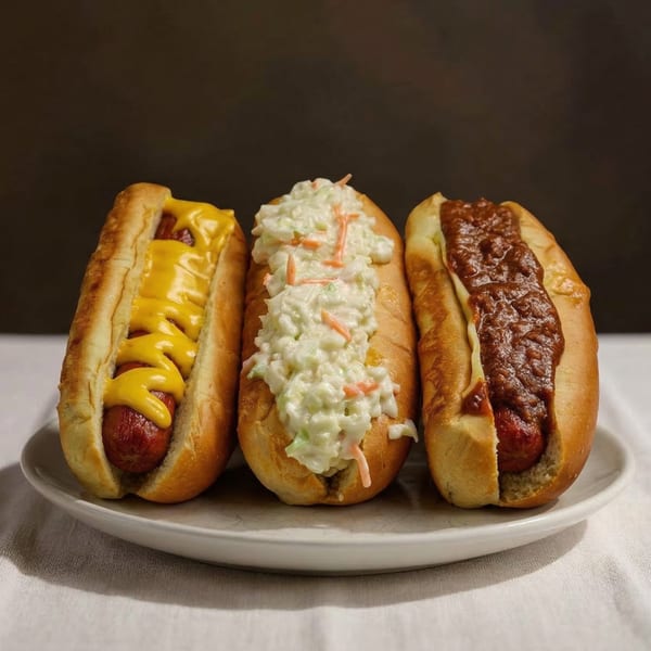 Three hot dogs on a white plate: one with mustard, one with coleslaw, and one with chili.