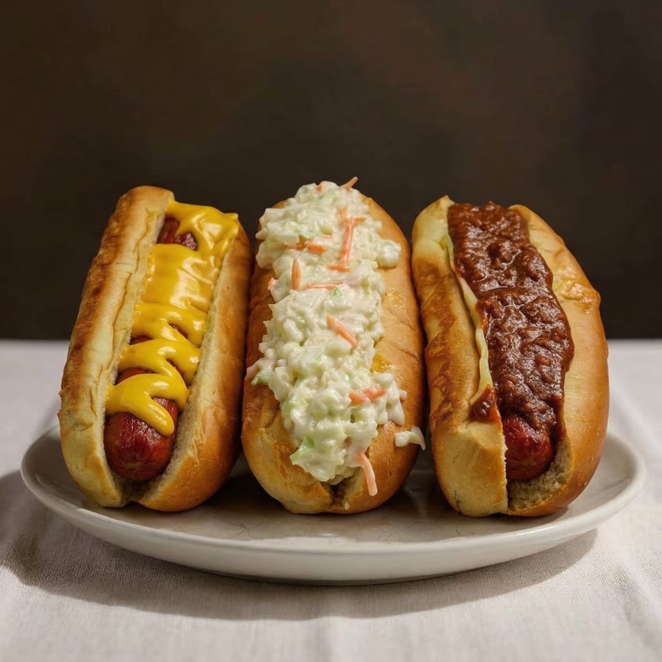 Three hot dogs on a white plate: one with mustard, one with coleslaw, and one with chili.