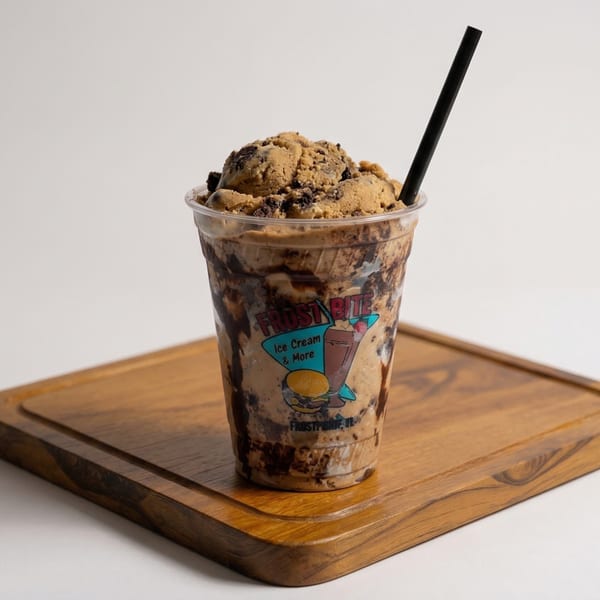 A Frostbite Ice Cream & More chocolate milkshake with cookie crumbles and a black straw on a wooden board.