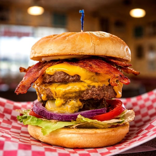 A double bacon cheeseburger with lettuce, tomato, red onion, and pickles on a red and white checkered paper.
