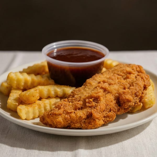 Crispy fried chicken tender with crinkle-cut fries and a side of barbecue sauce on a white plate.