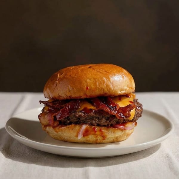 A Frostbite Ice Cream & More bacon cheeseburger with red onions and barbecue sauce on a white plate.