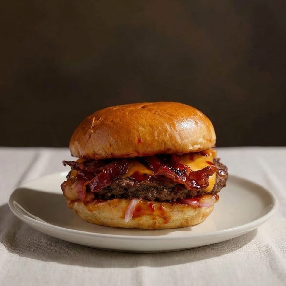 A Frostbite Ice Cream & More bacon cheeseburger with red onions and barbecue sauce on a white plate.