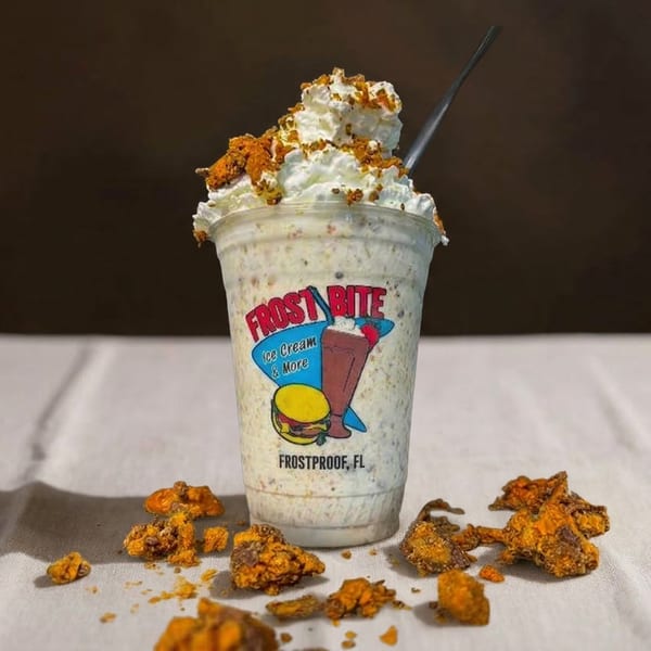 Frostbite Ice Cream & More milkshake with whipped cream and crunchy toppings, surrounded by more toppings.
