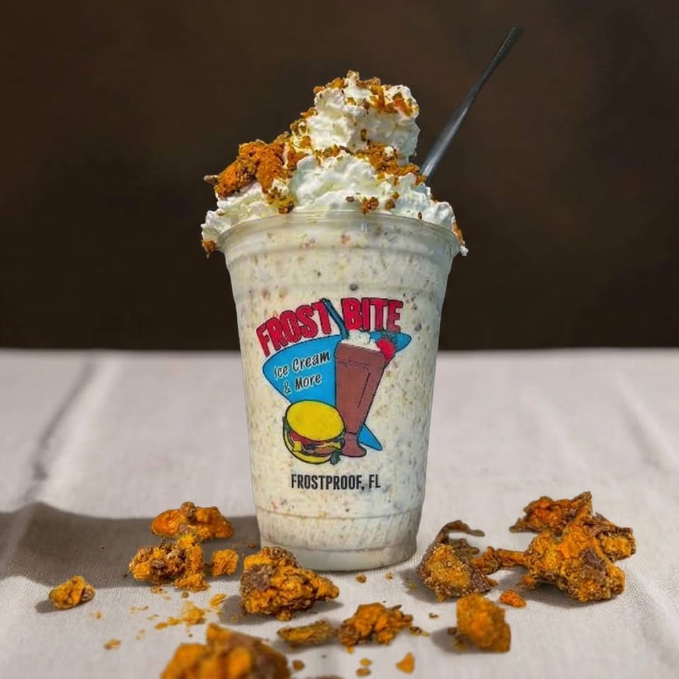 Frostbite Ice Cream & More milkshake with whipped cream and crunchy toppings, surrounded by more toppings.